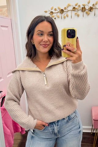 The Weekend Plush Half Zip Sweater in Almond