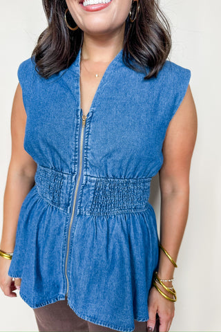 Denim V Neck Zipper Sleeveless Top