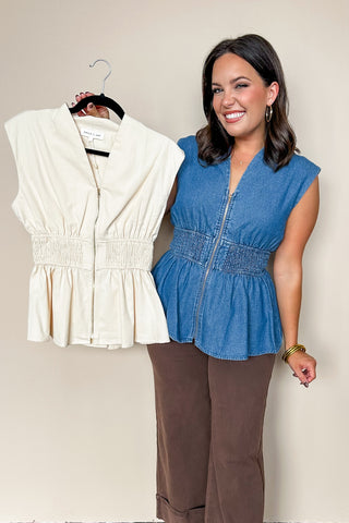 Cold Foam Cream V Neck Zipper Sleeveless Top