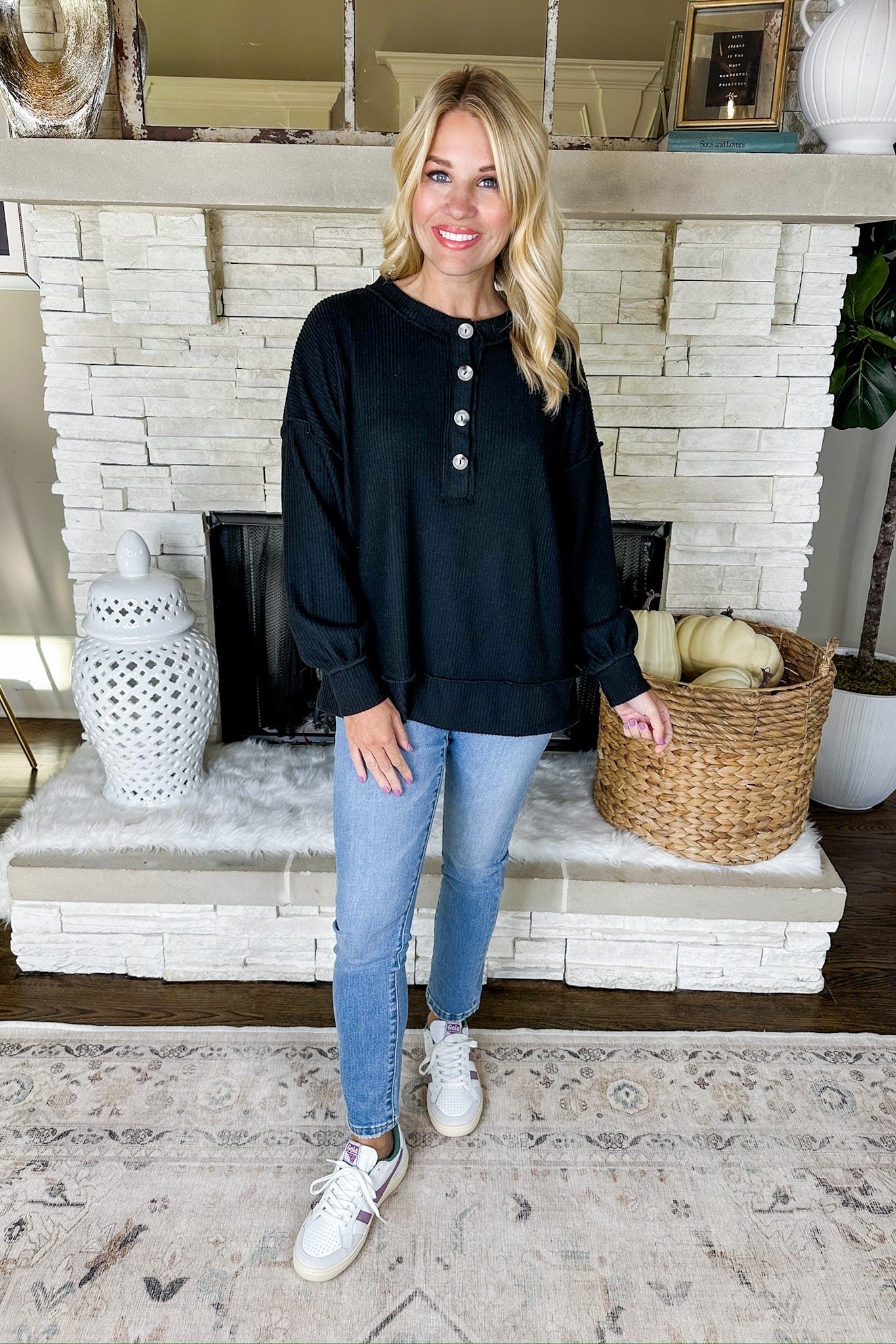 The Zoey Soft Half Button Down Ribbed Top in Black