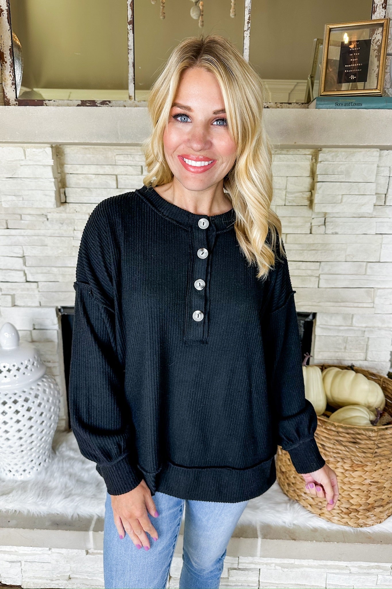 The Zoey Soft Half Button Down Ribbed Top in Black