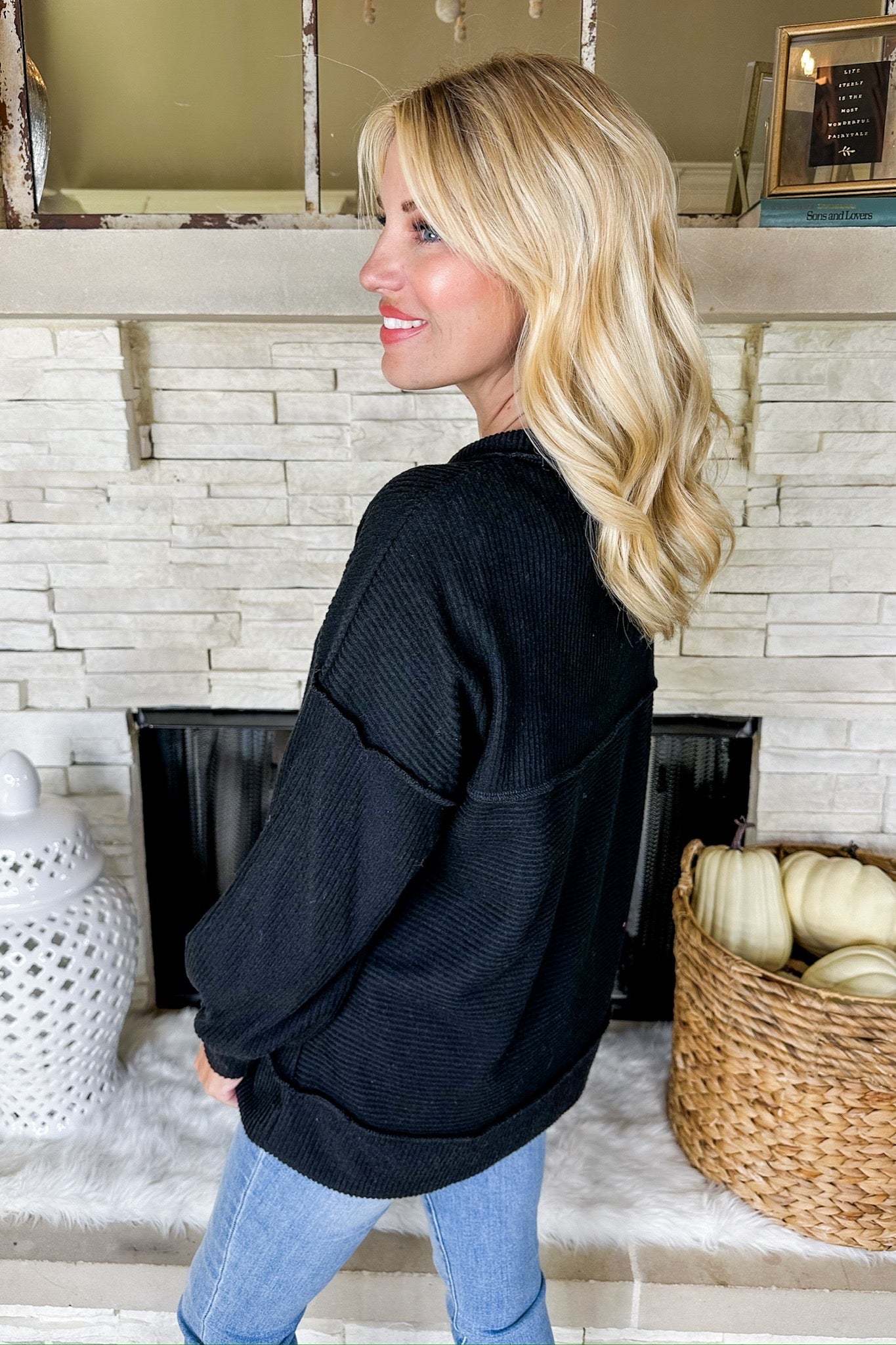 The Zoey Soft Half Button Down Ribbed Top in Black