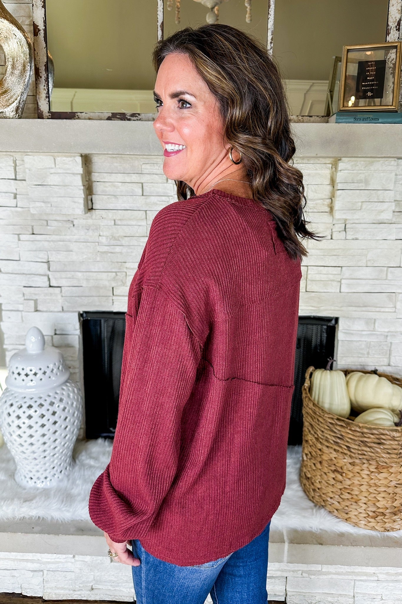 The Saige Asymmetrical Exposed Seam Ribbed Top in Wine