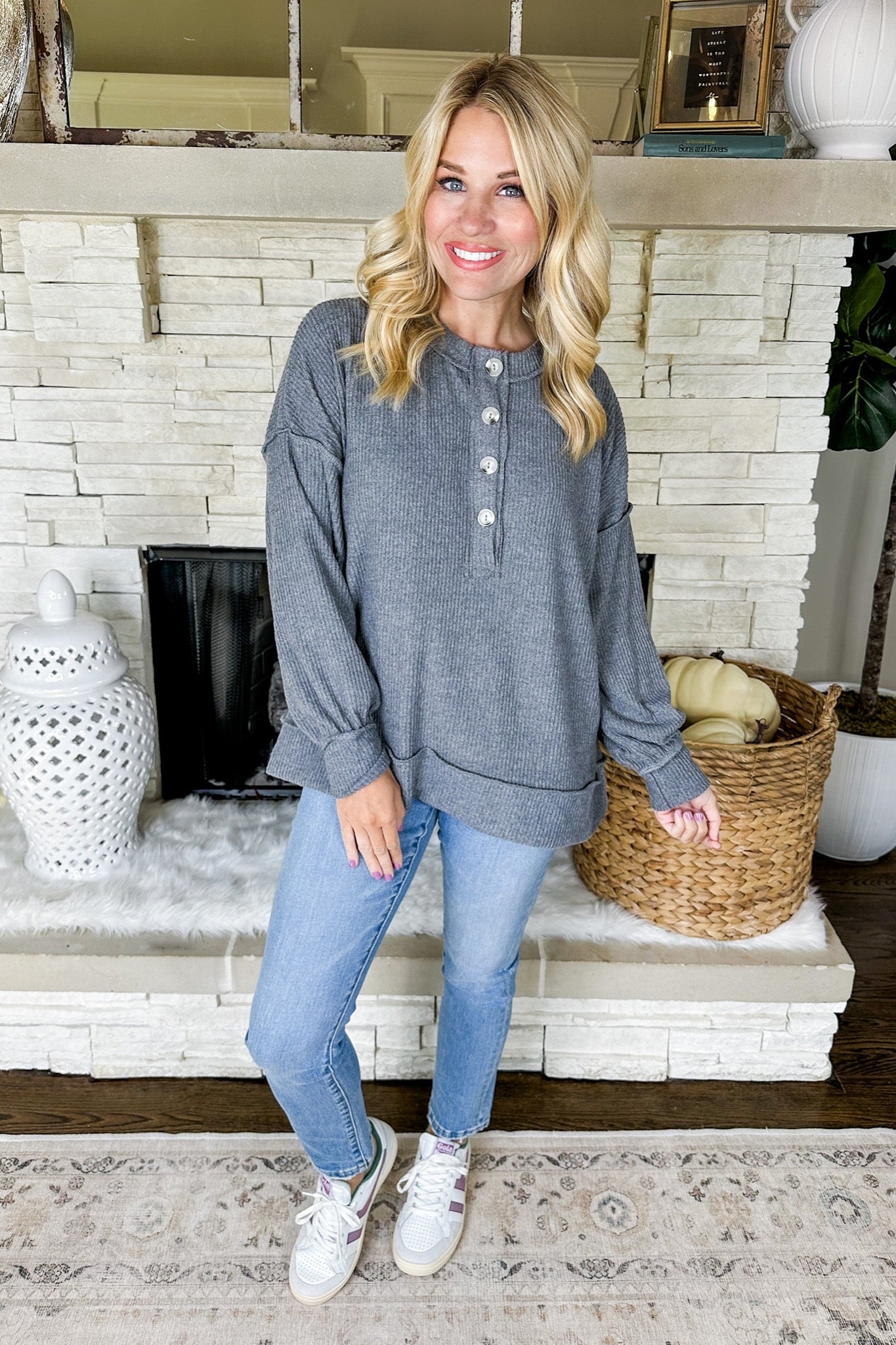 The Zoey Soft Half Button Down Ribbed Top in Charcoal