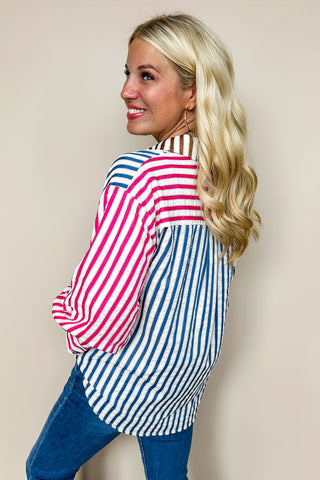 Color Block Striped Button Down Shirt