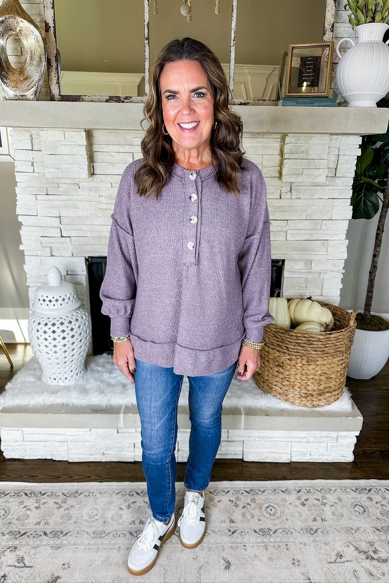 The Zoey Soft Half Button Down Ribbed Top in Mauve