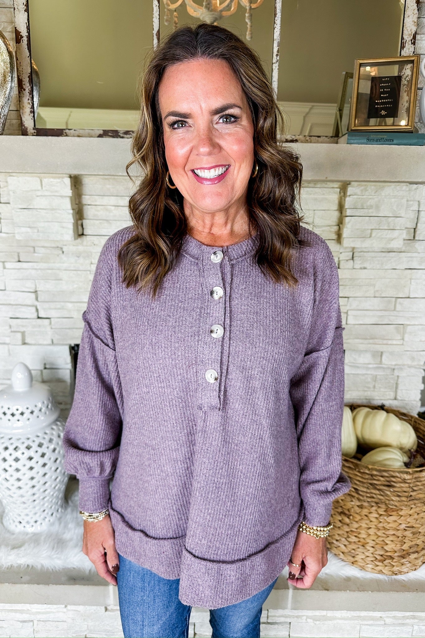 The Zoey Soft Half Button Down Ribbed Top in Mauve