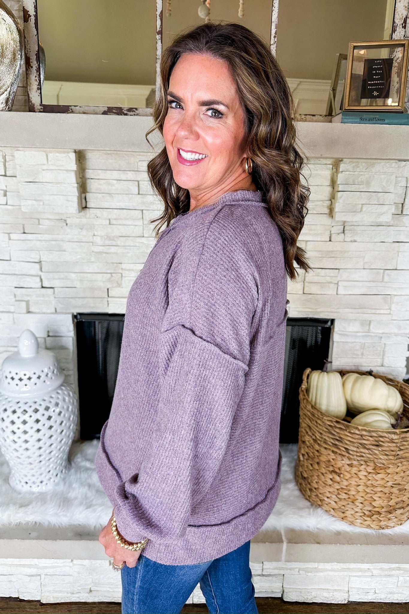 The Zoey Soft Half Button Down Ribbed Top in Mauve