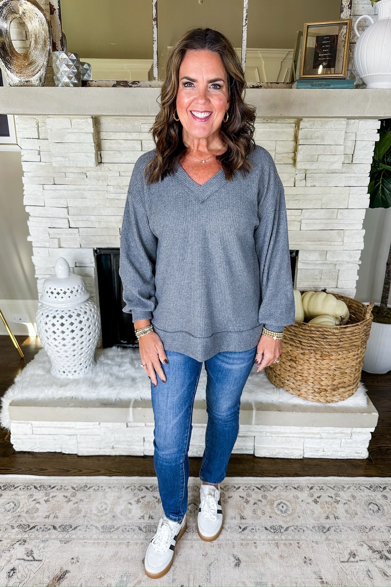 The Lainey Soft V Neck Ribbed Top in Charcoal