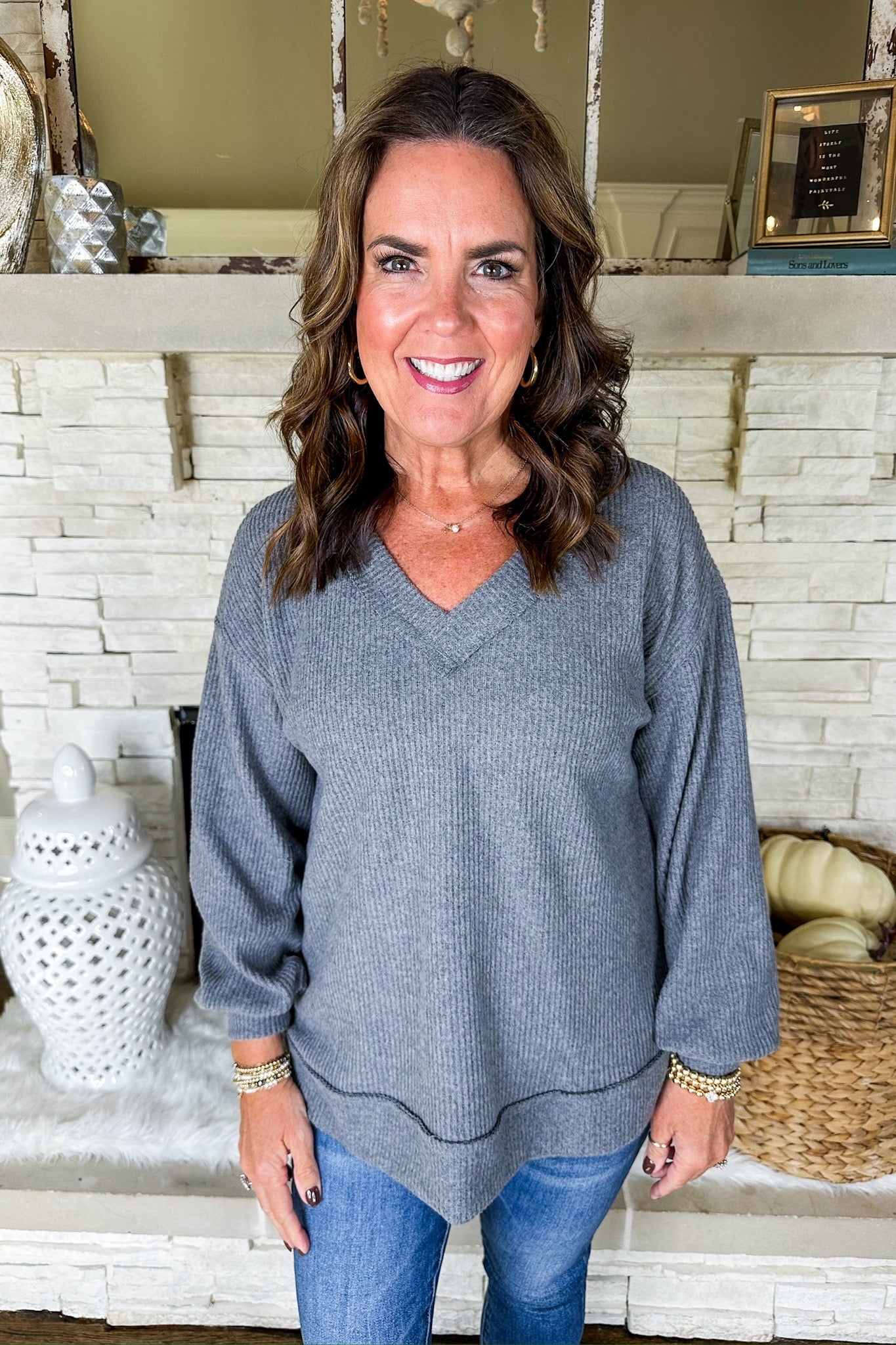 The Lainey Soft V Neck Ribbed Top in Charcoal