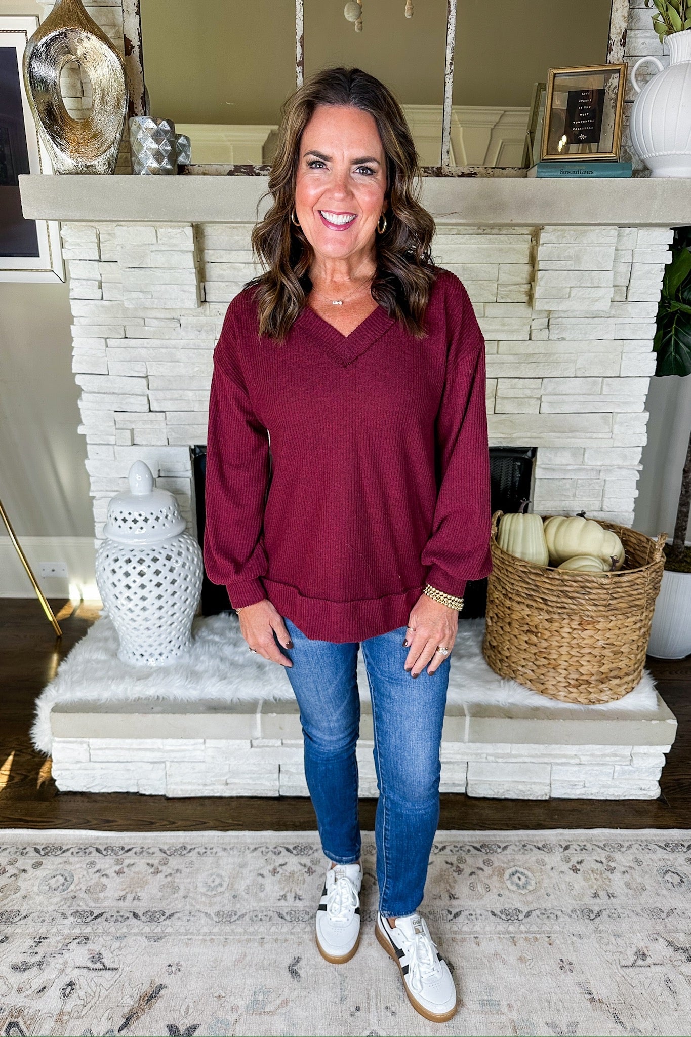 The Lainey Soft V Neck Ribbed Top in Wine