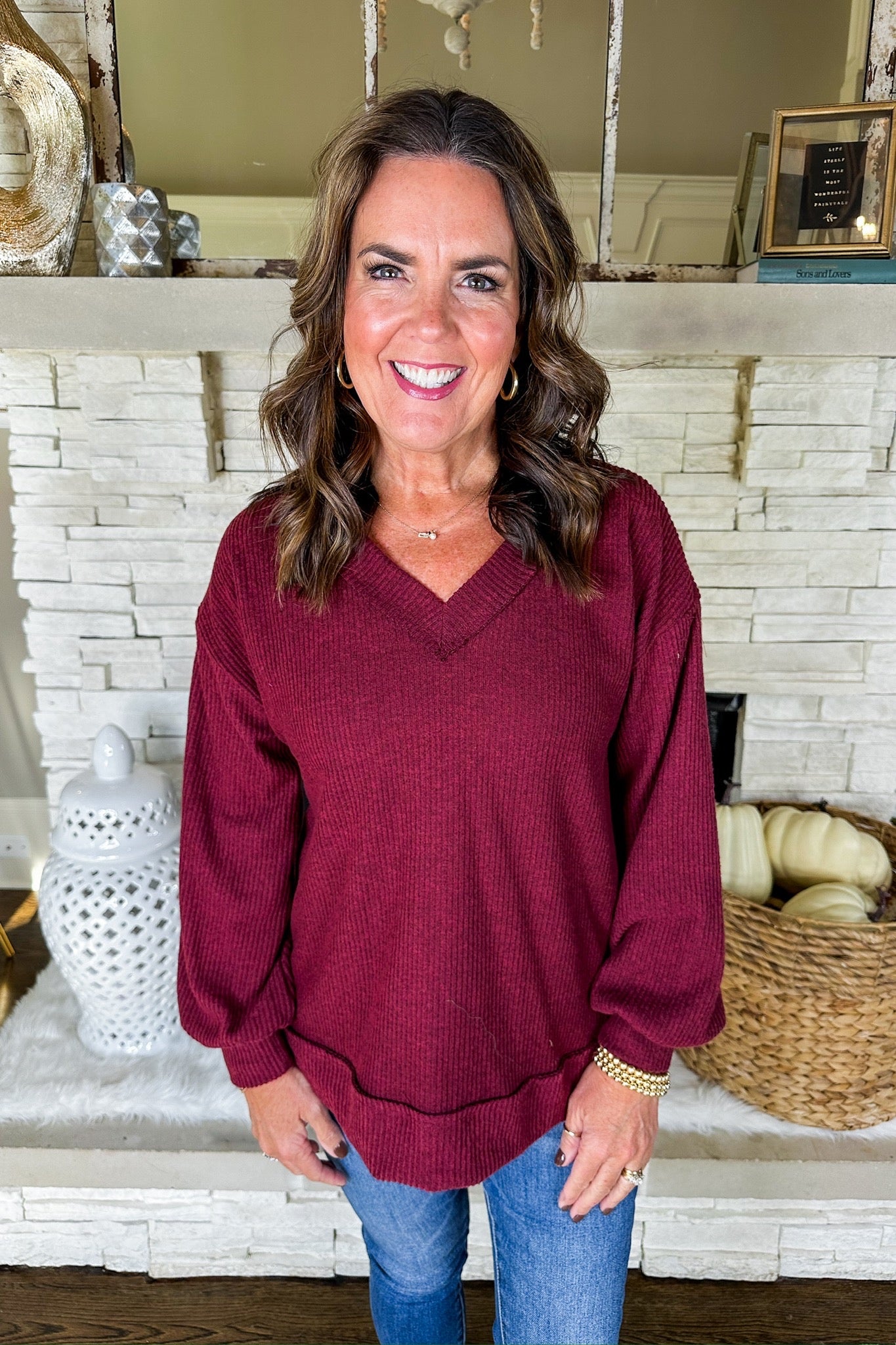 The Lainey Soft V Neck Ribbed Top in Wine