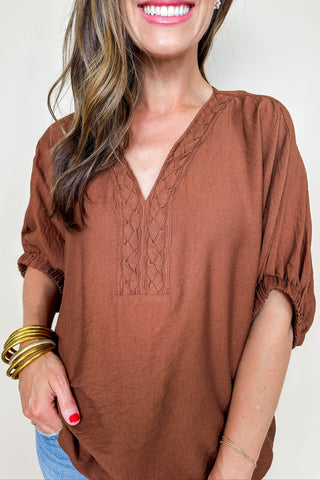 Anything But Basic Braided Caramel V Neck Blouse