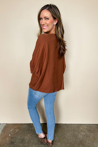 Anything But Basic Braided Caramel V Neck Blouse