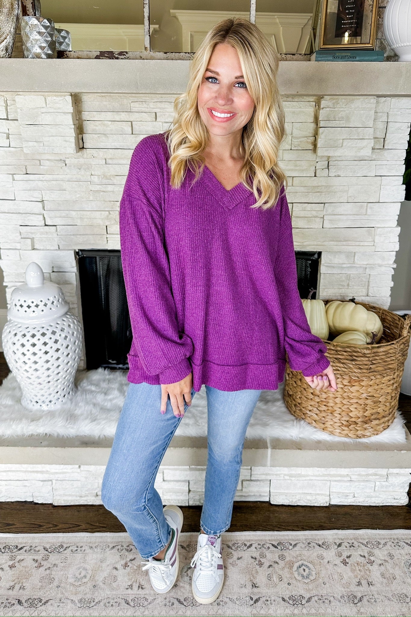 The Lainey Soft V Neck Ribbed Top in Magenta