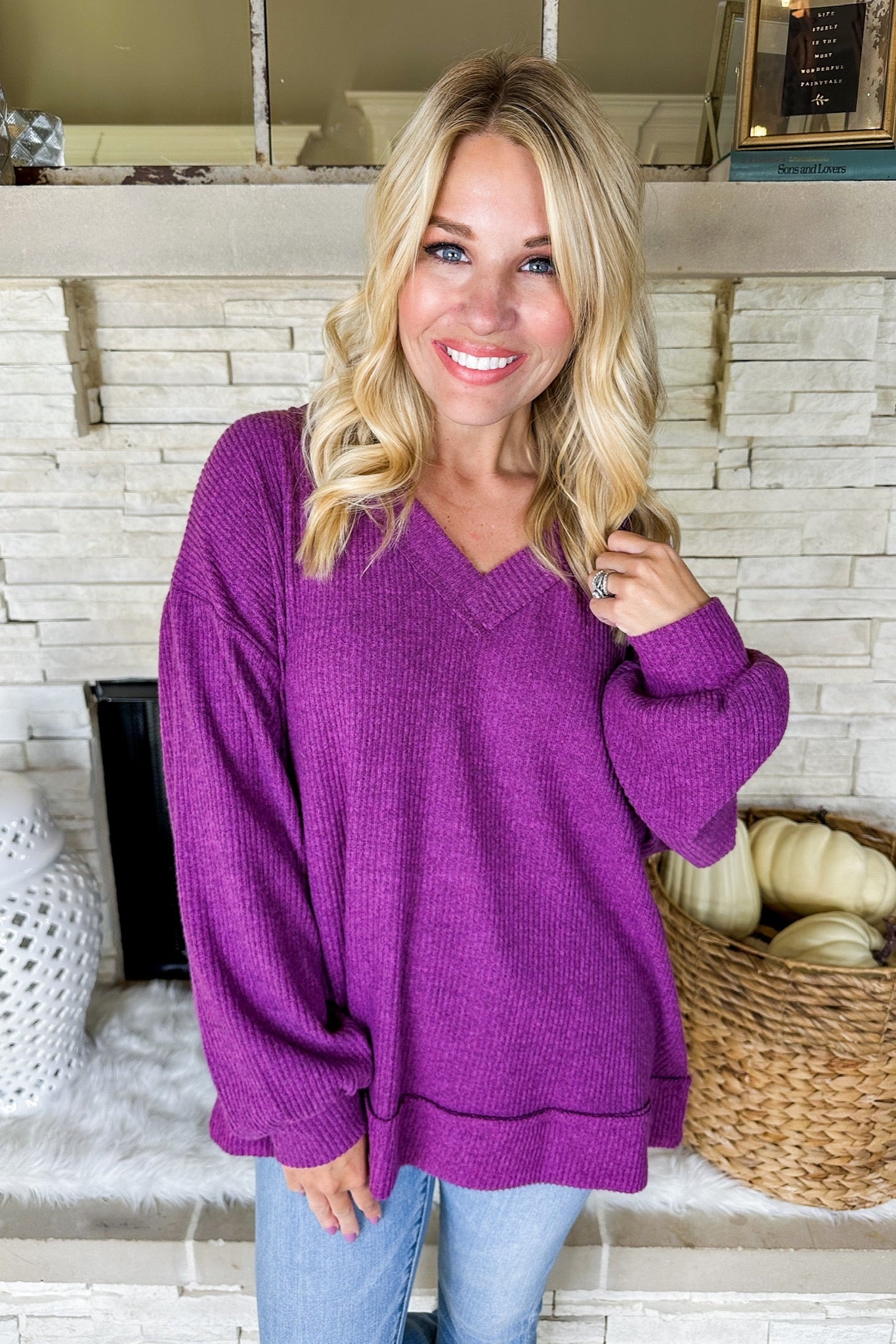 The Lainey Soft V Neck Ribbed Top in Magenta