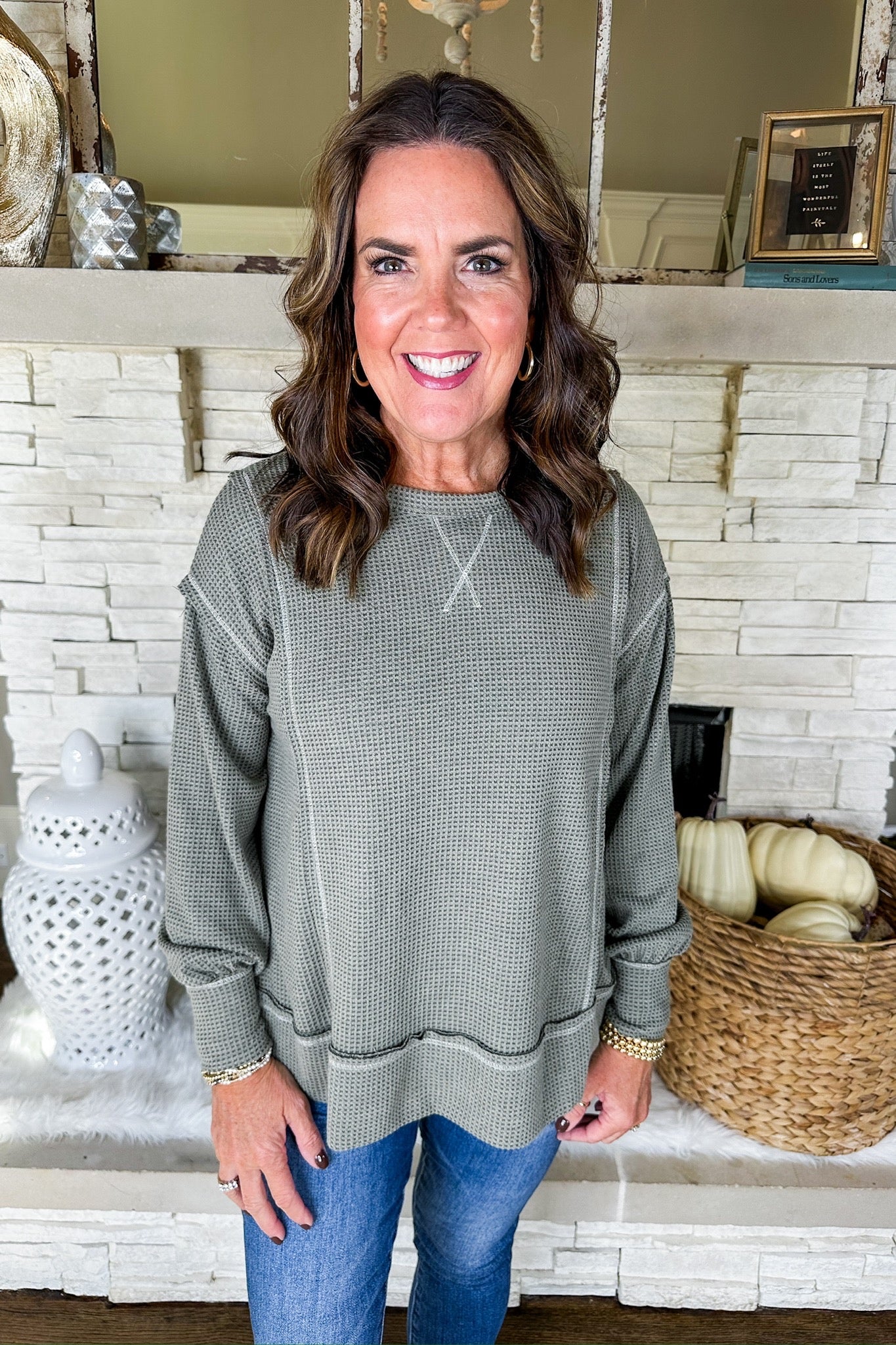 The Lorelai Exposed Seam Waffle Knit Layering Top in Olive