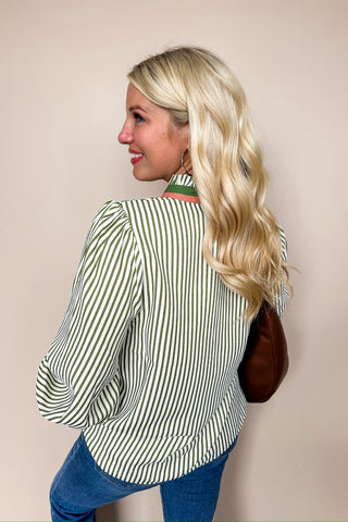 Timeless Lines Collared Detail Long Sleeve Top in Green