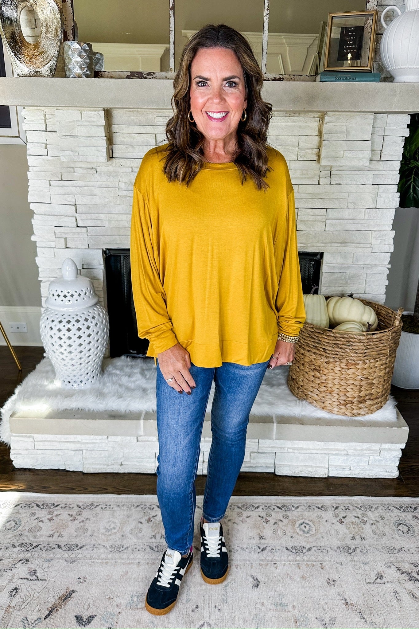 The Ava Scoop Neck Closet Basic Long Sleeve Top in Mustard