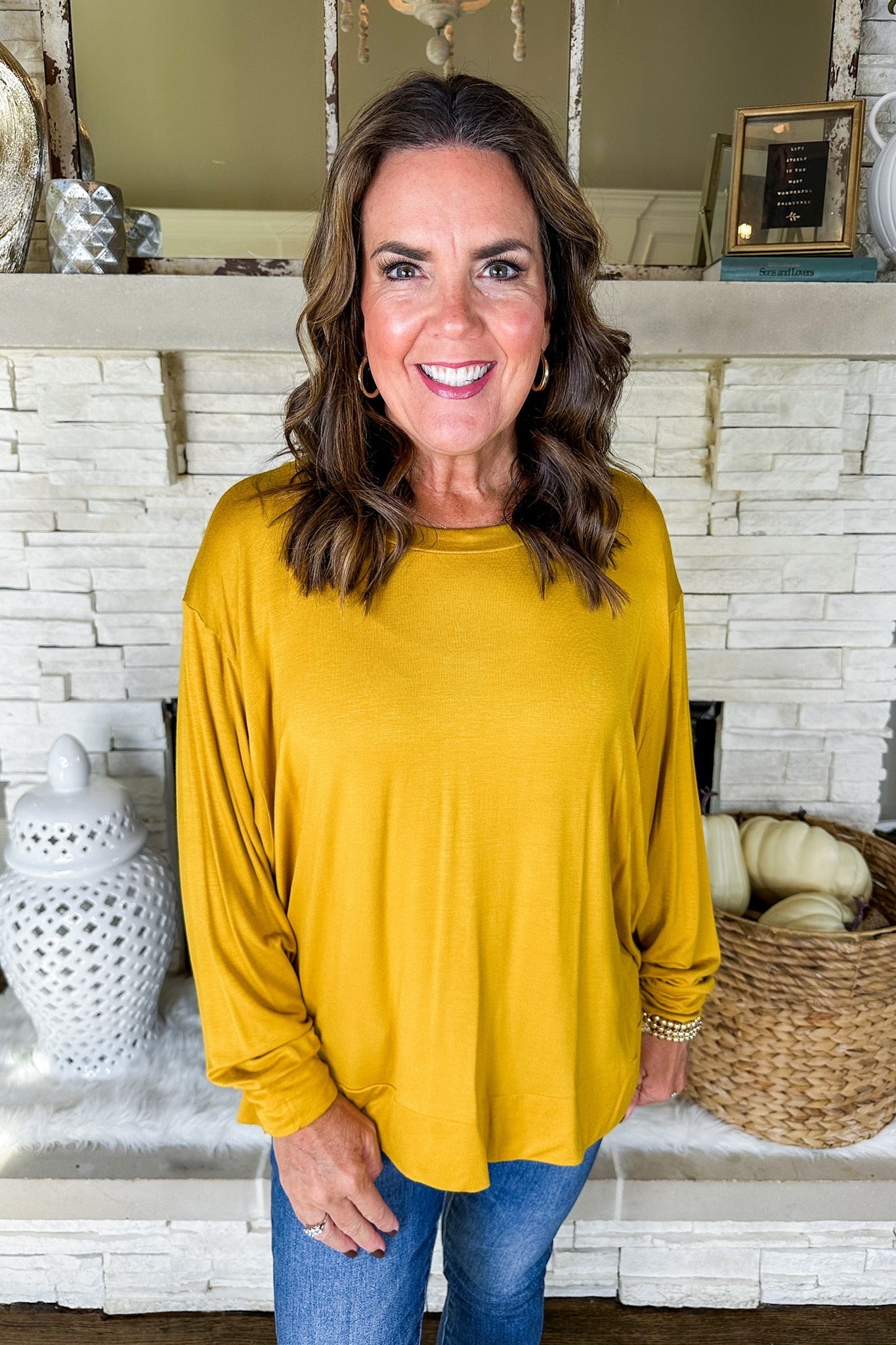 The Ava Scoop Neck Closet Basic Long Sleeve Top in Mustard