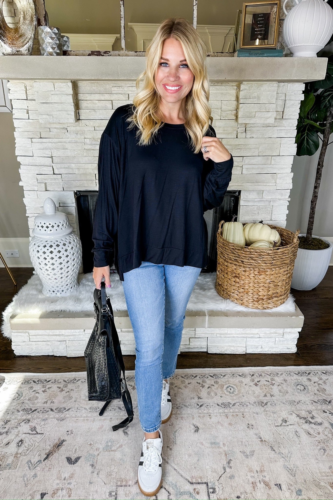 The Ava Scoop Neck Closet Basic Long Sleeve Top in Black