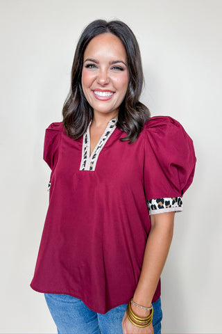 Hello Darling Burgundy V Neck Cheetah Print Top