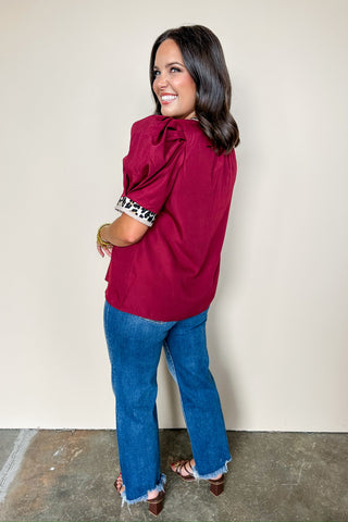 Hello Darling Burgundy V Neck Cheetah Print Top