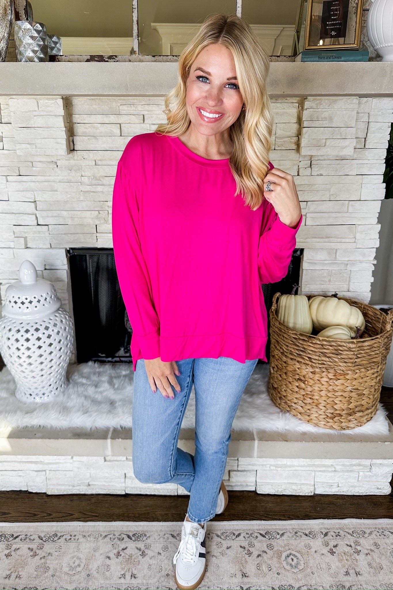 The Ava Scoop Neck Closet Basic Long Sleeve Top in Fuchsia