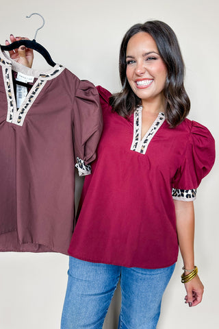 Hello Darling Burgundy V Neck Cheetah Print Top