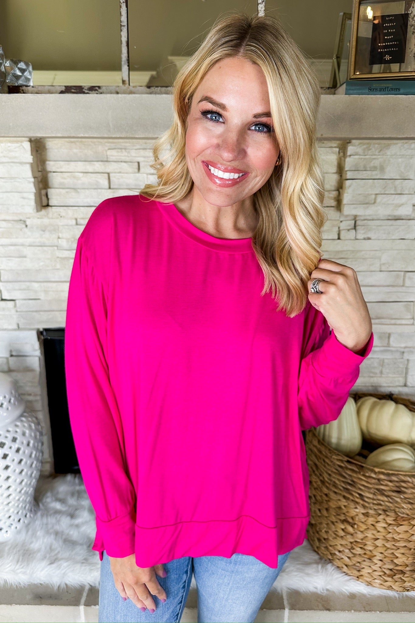 The Ava Scoop Neck Closet Basic Long Sleeve Top in Fuchsia