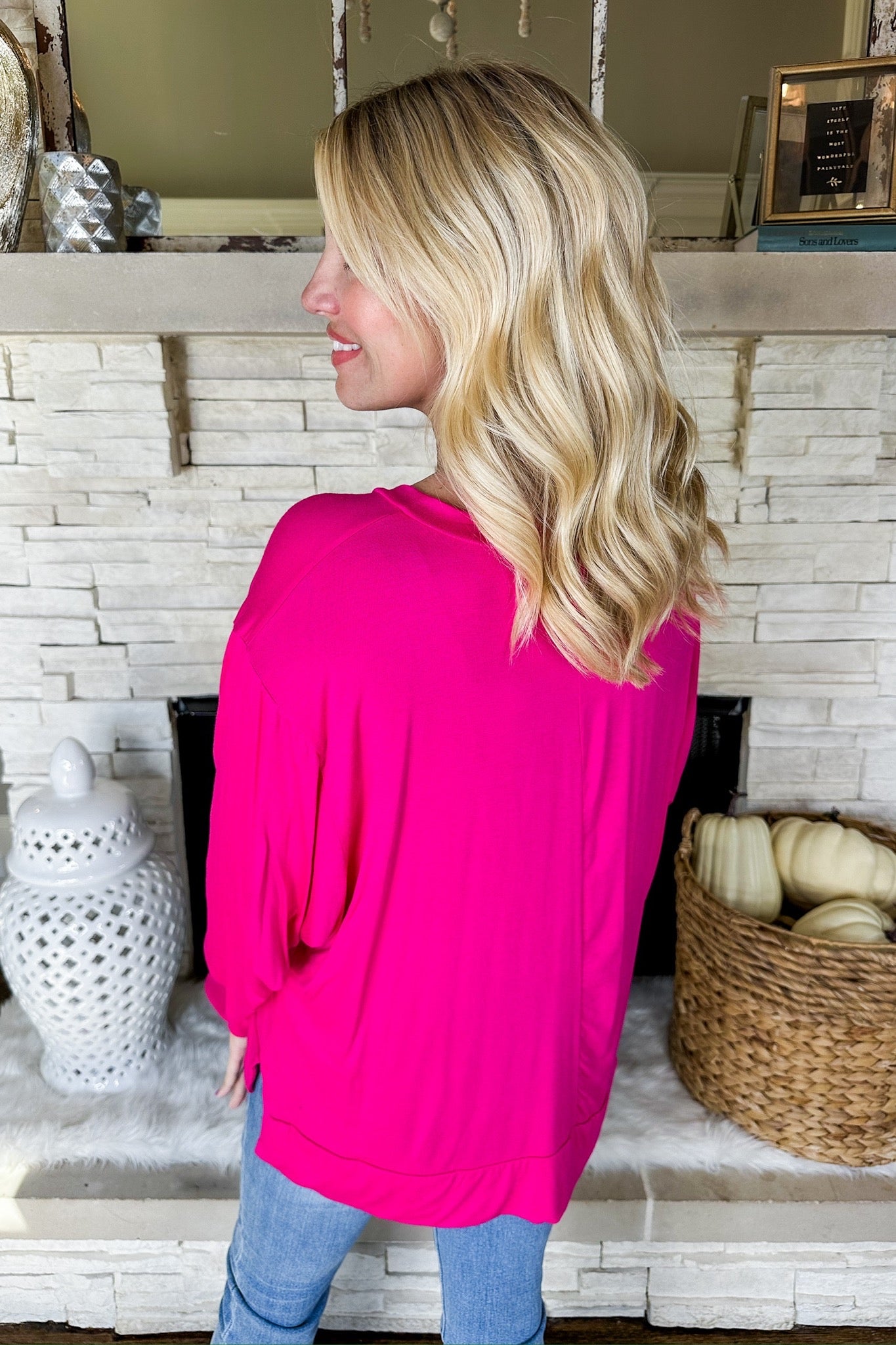 The Ava Scoop Neck Closet Basic Long Sleeve Top in Fuchsia