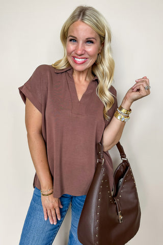 Buttery Soft Collared V Neck Casual Coffee Top