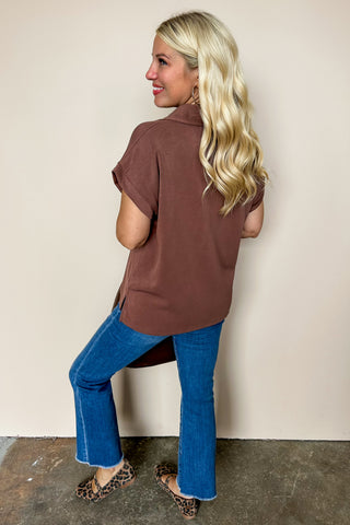 Buttery Soft Collared V Neck Casual Coffee Top
