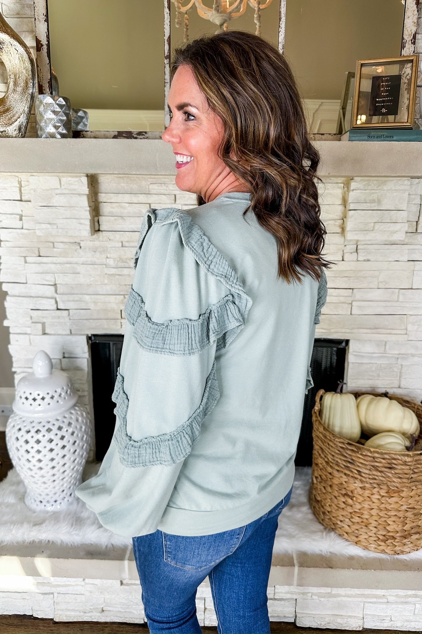 Mineral Wash Muslin Ruffle Sleeve Pullover in Sage