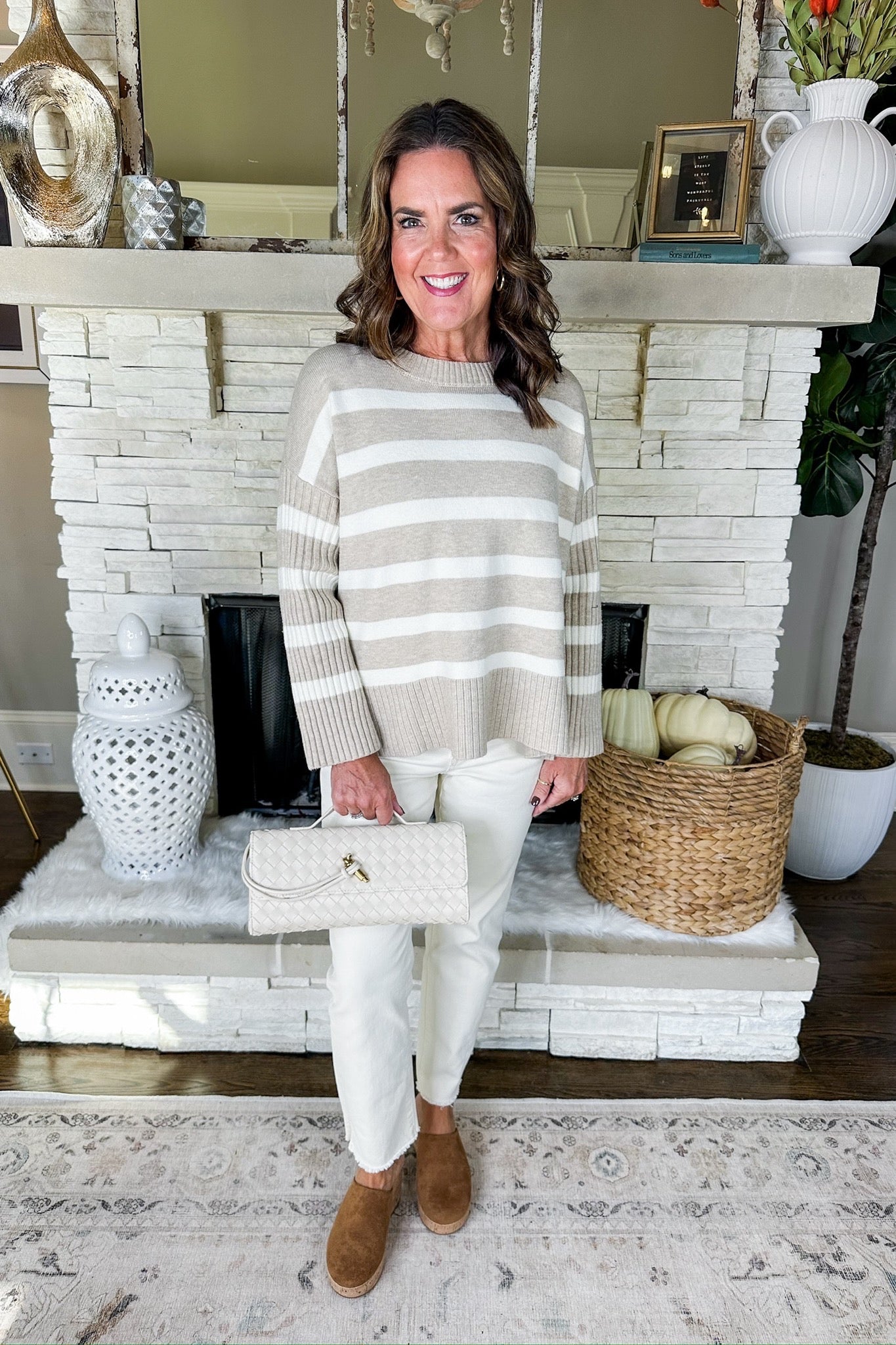 Cream Stripe Ribbed Sleeve Knit Sweater in Oatmeal