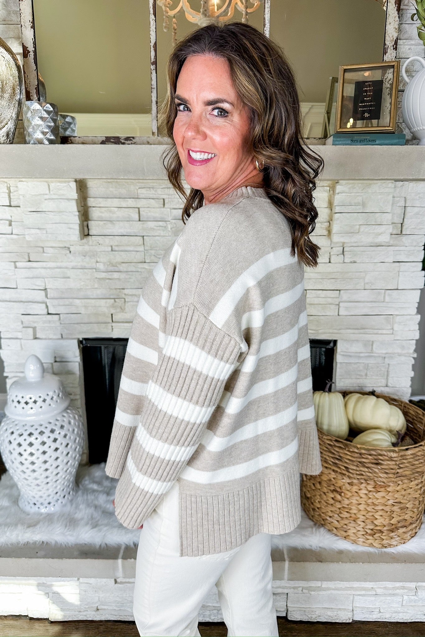 Cream Stripe Ribbed Sleeve Knit Sweater in Oatmeal