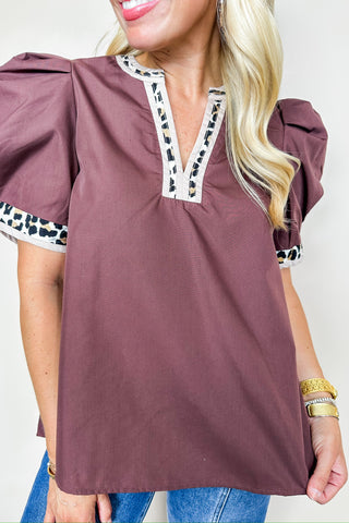 Hello Darling Brown V Neck Cheetah Print Top in Brown