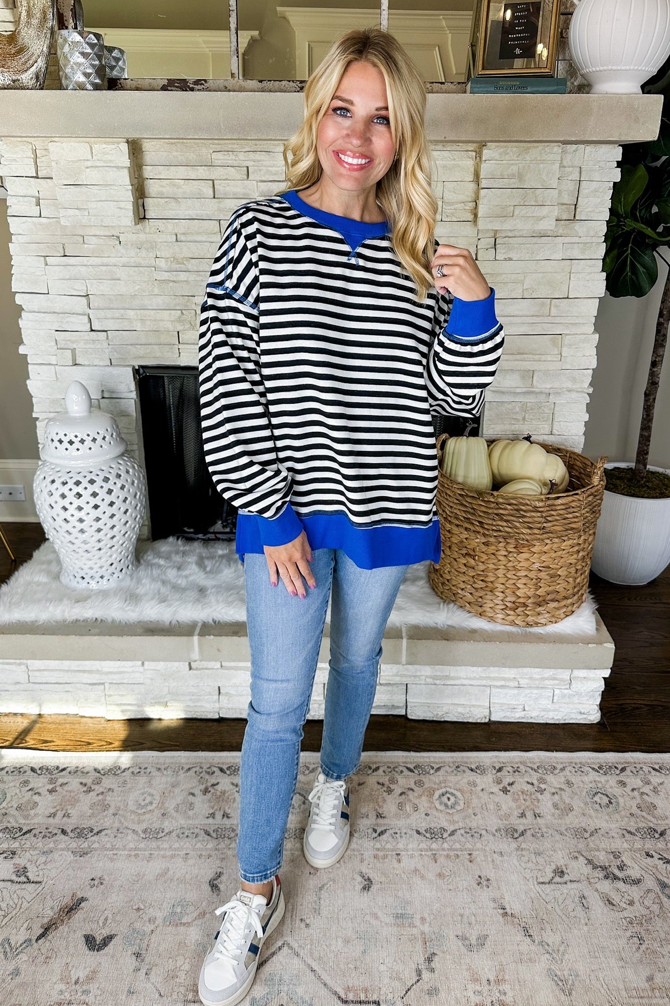 Designer Lookalike Oversized Striped Pullover in Black/Blue