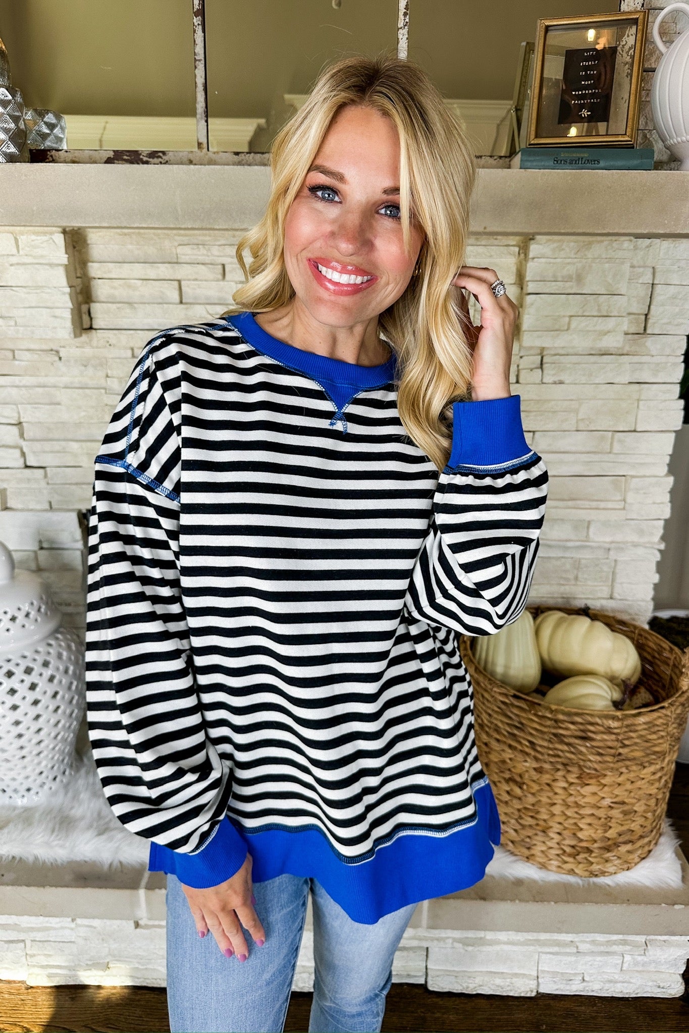 Designer Lookalike Oversized Striped Pullover in Black/Blue