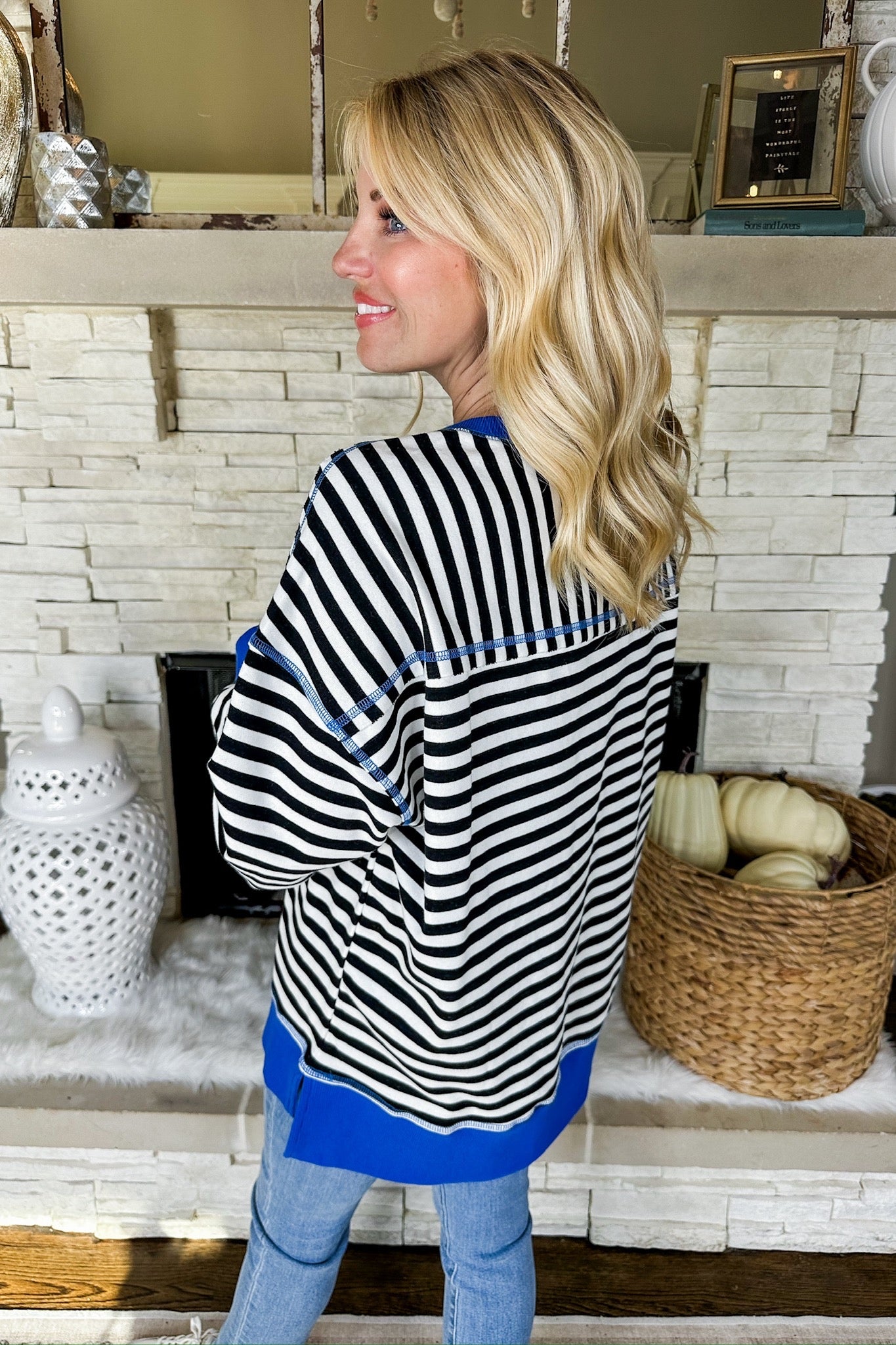 Designer Lookalike Oversized Striped Pullover in Black/Blue