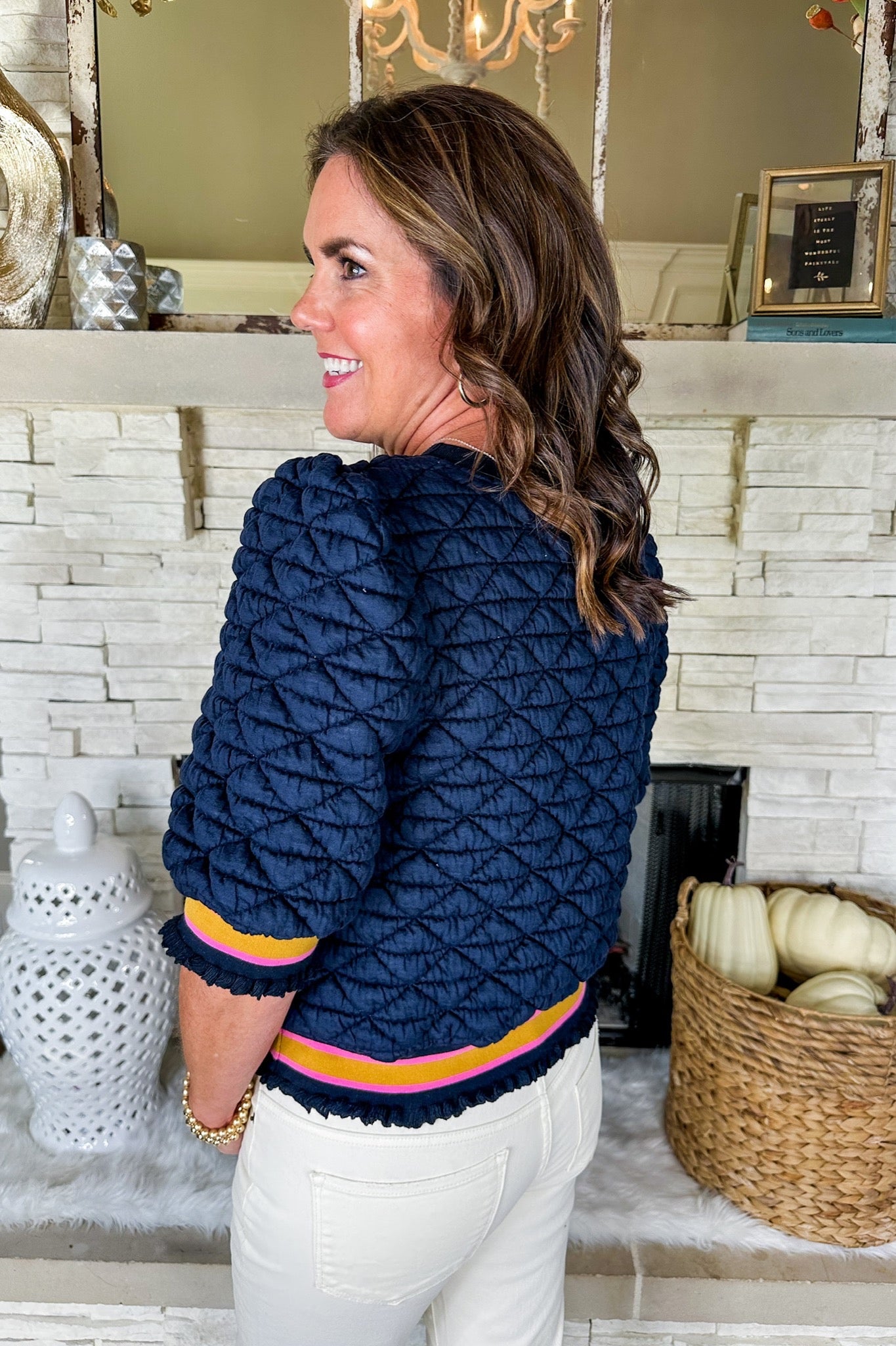 Striped Trim Quilted Navy Puff Sleeve Top