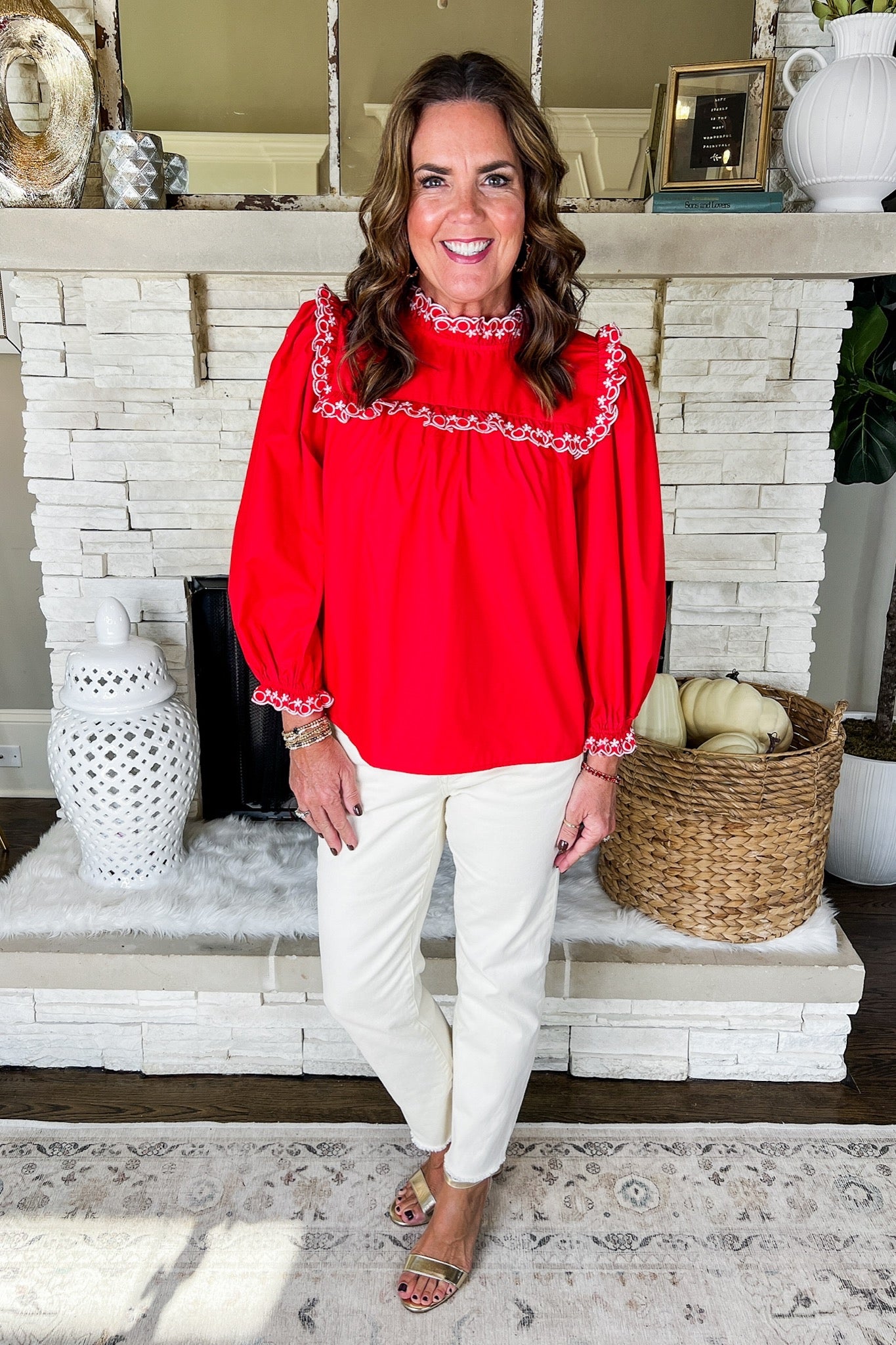 Floral Embroidered Scallop Trim Red Poplin Top