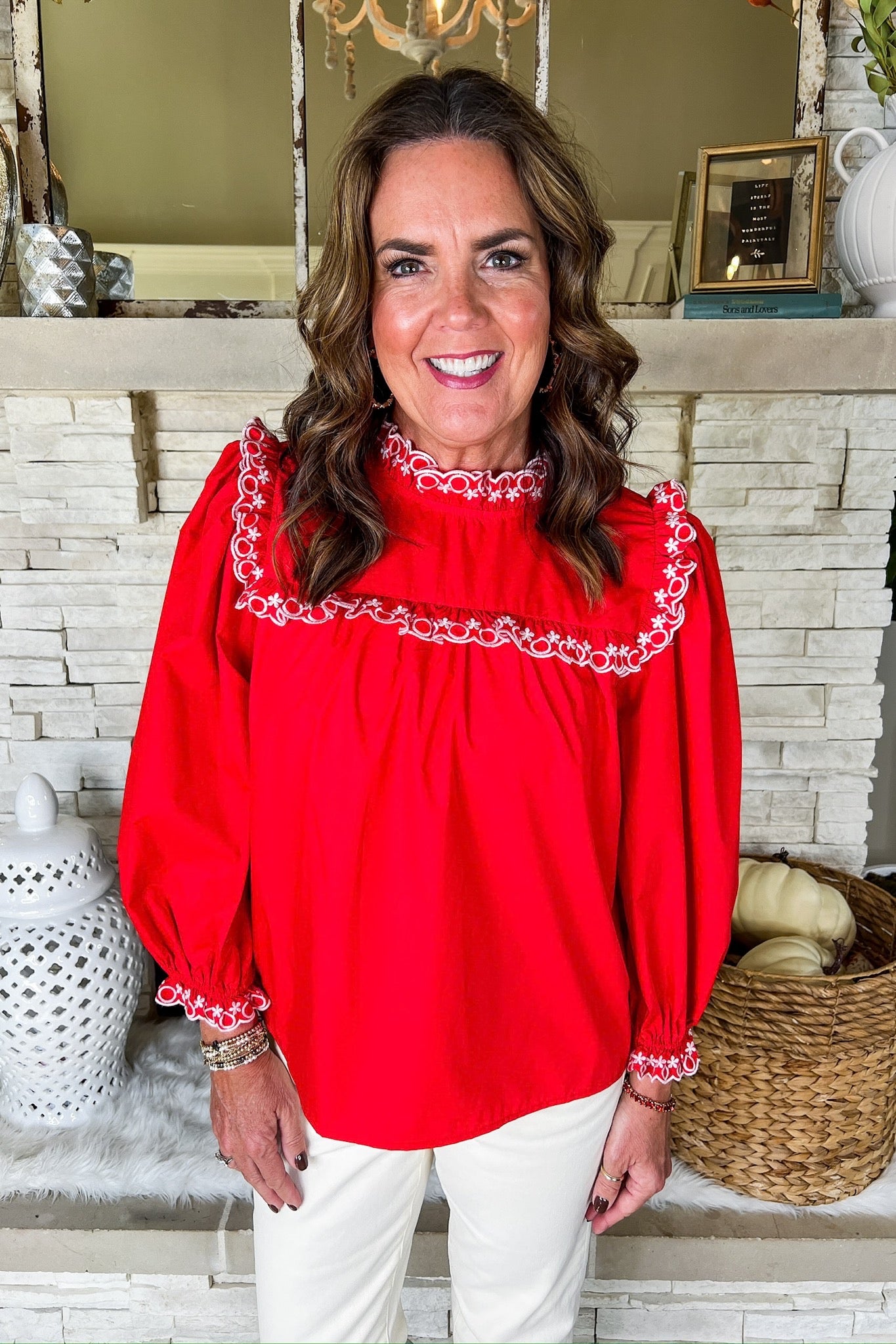 Floral Embroidered Scallop Trim Red Poplin Top