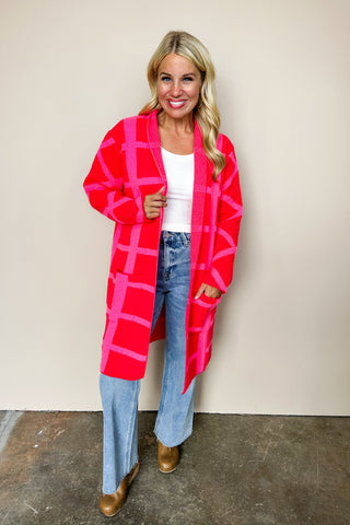 Pink & Red Plaid Oversized Long Sleeve Cardigan