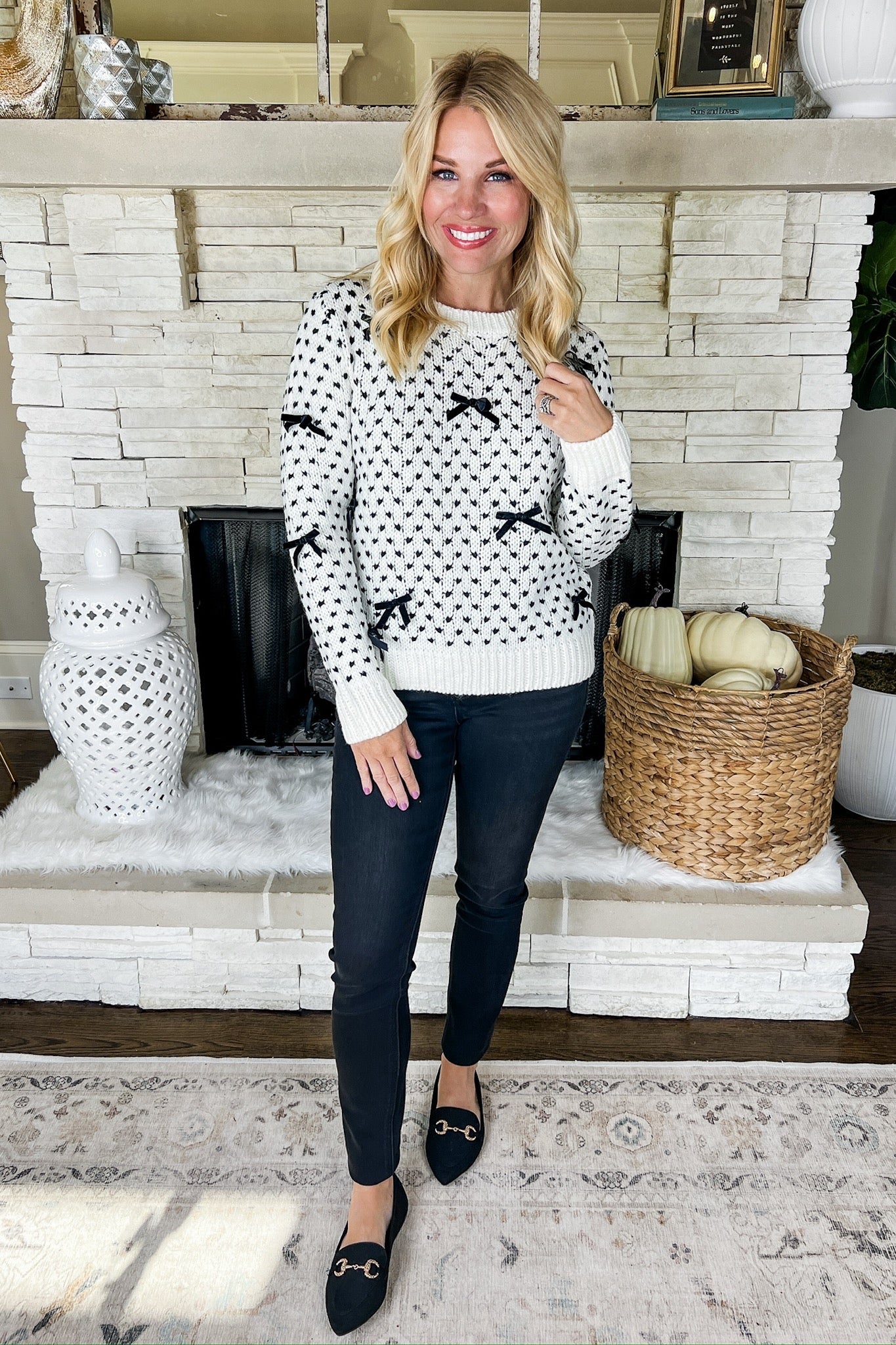 Velvet Ribbon Bow Black Dotted Knit Cream Sweater