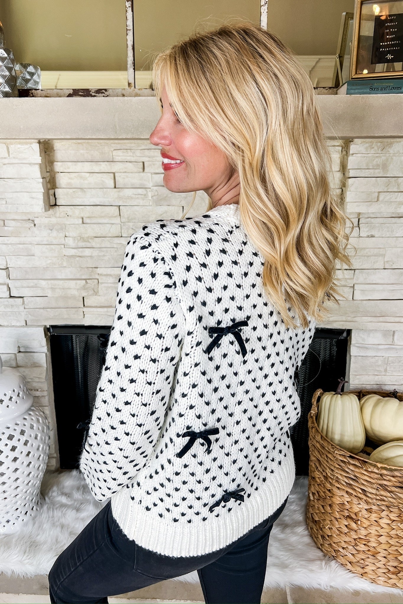 Velvet Ribbon Bow Black Dotted Knit Cream Sweater