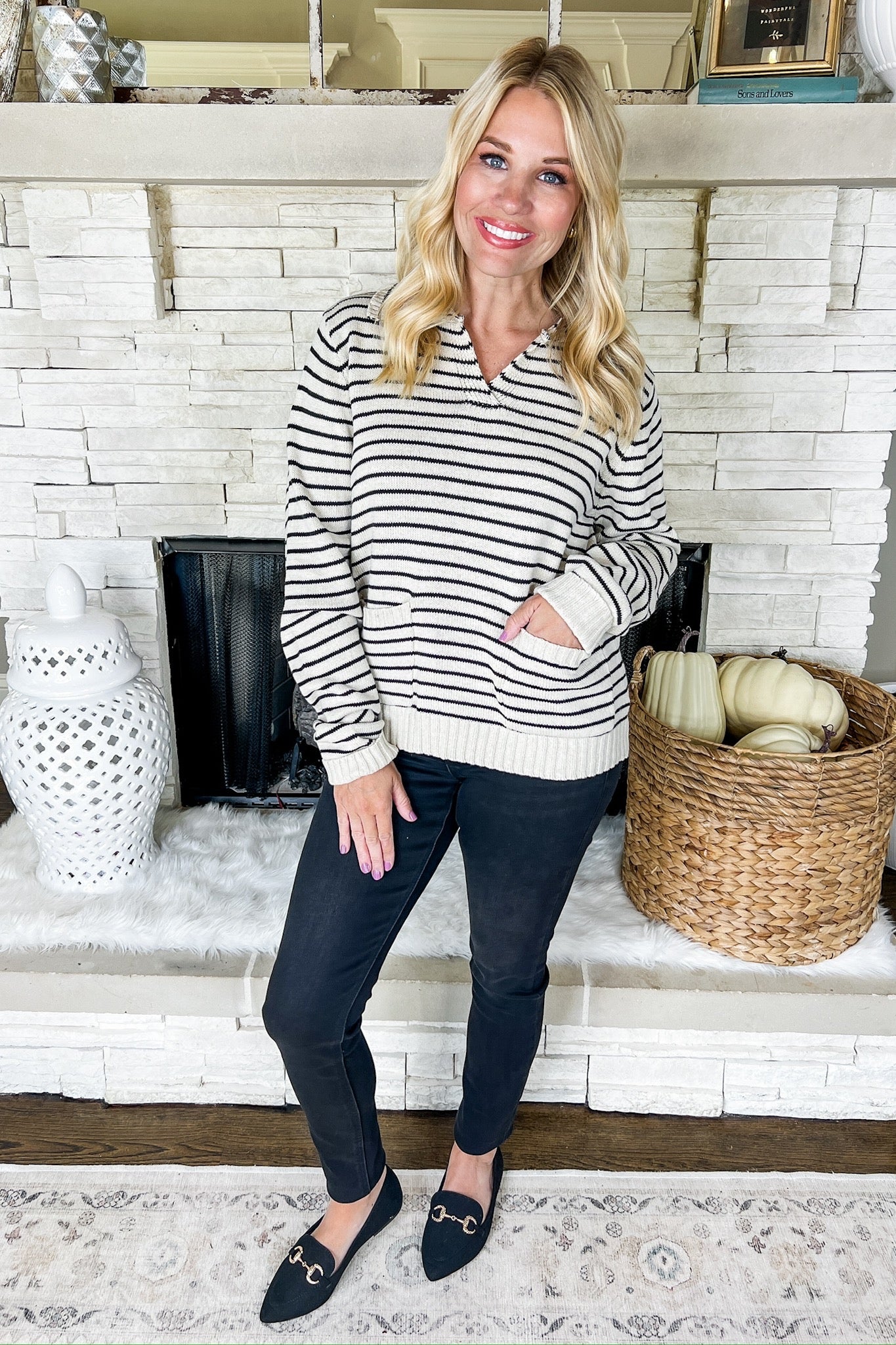 Ribbed Collar Black & Oatmeal Stripe Pocketed Sweater