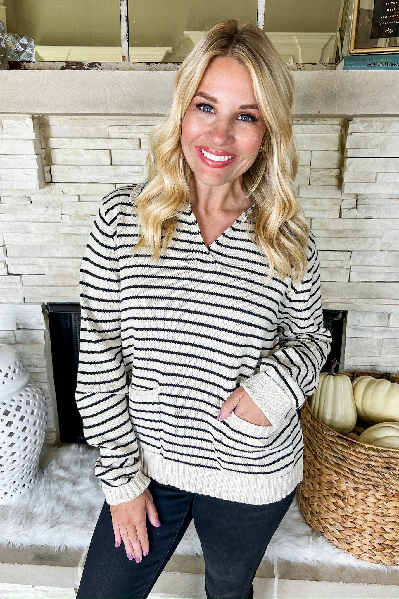 Ribbed Collar Black & Oatmeal Stripe Pocketed Sweater