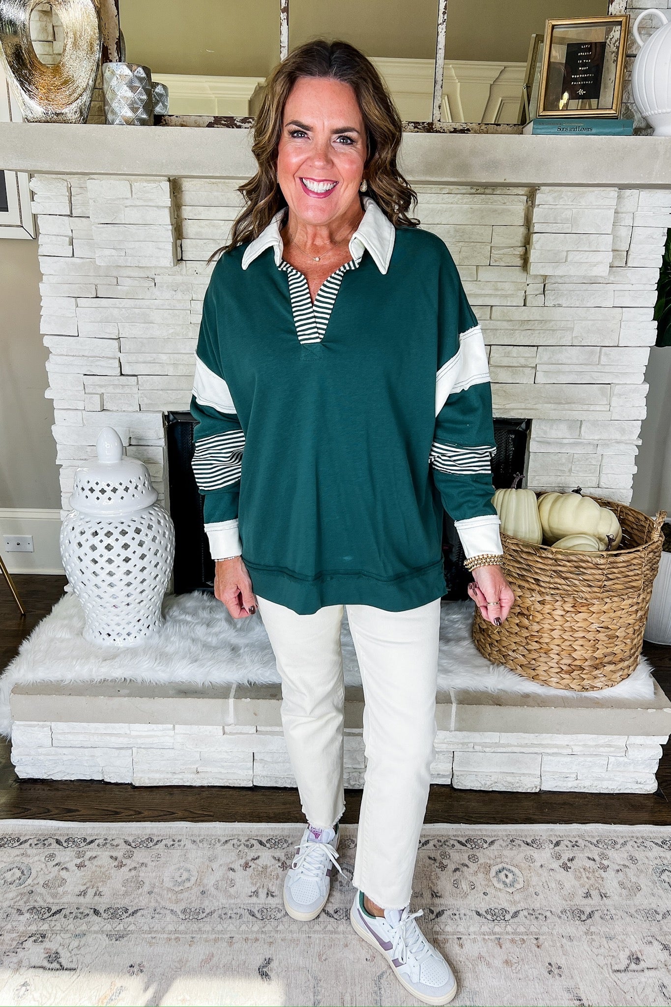 Hunter Green Collared Striped Varsity Style Top