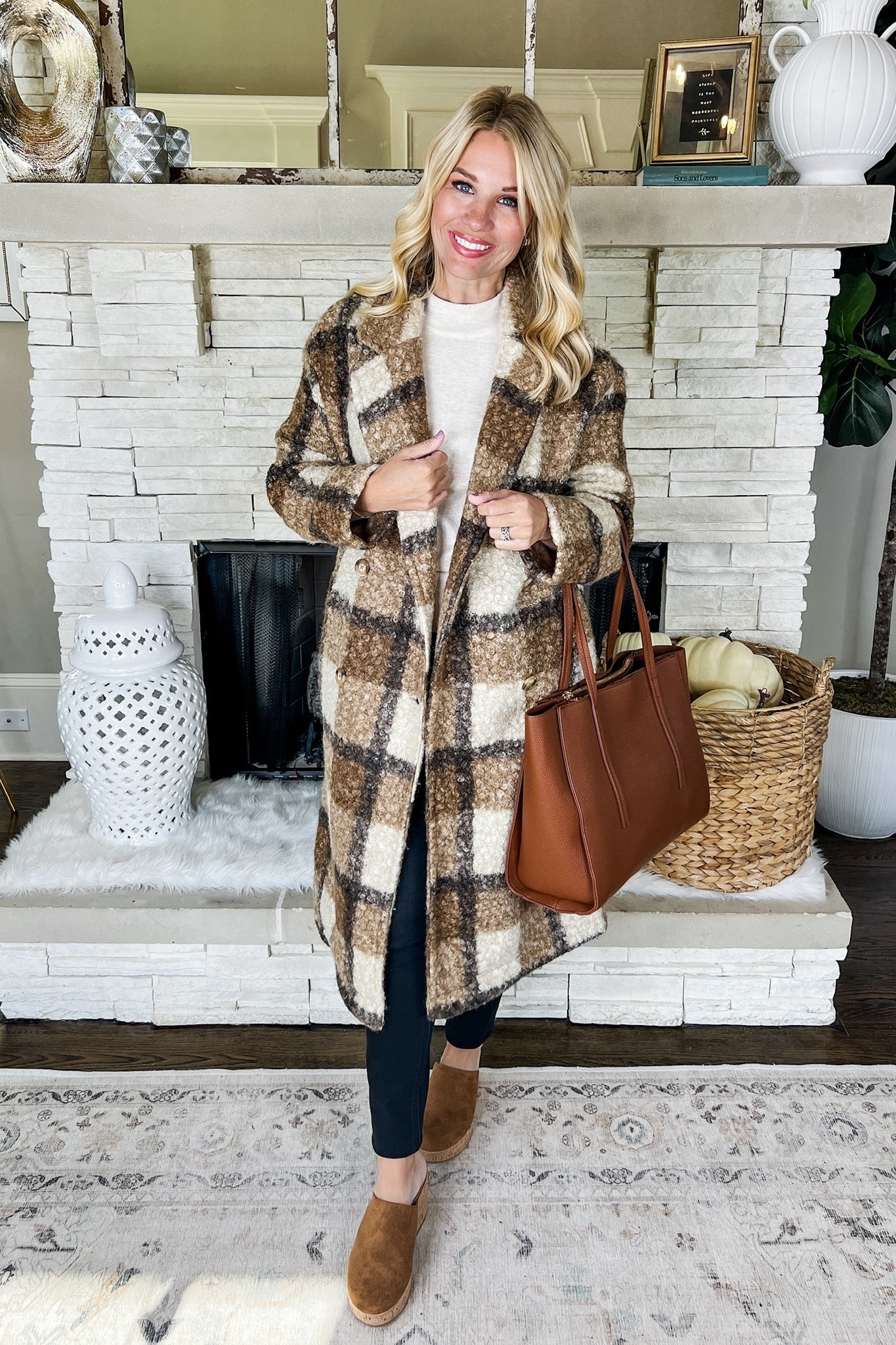 Plaid Curly Faux Fur Pocketed Trench Coat in Mocha